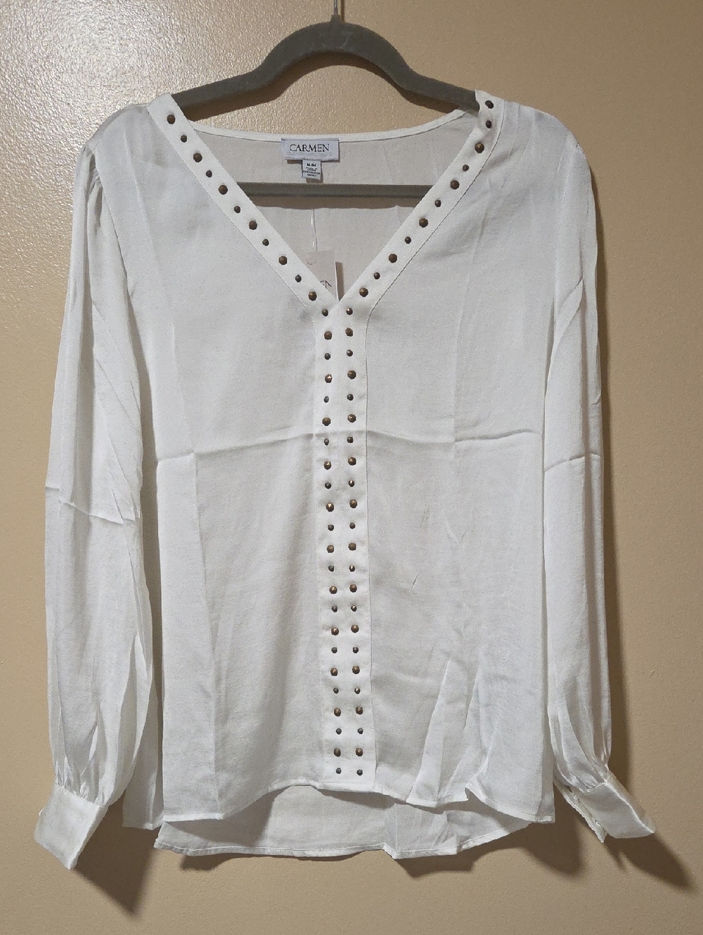 Carmen Marc Valvo White V-Neck Stud-Trim Blouse Med